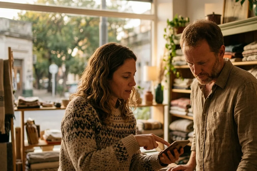 Dos socios de un negocio revisando un teléfono en su local